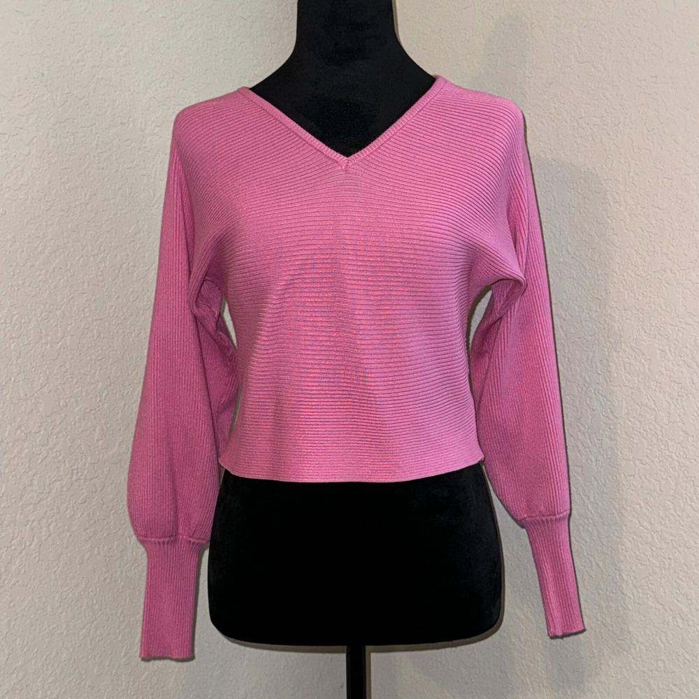 Pink Rose Cropped Sweater Women's XS Pink Long Sleeve Ribbed V-Neck Pullover‎